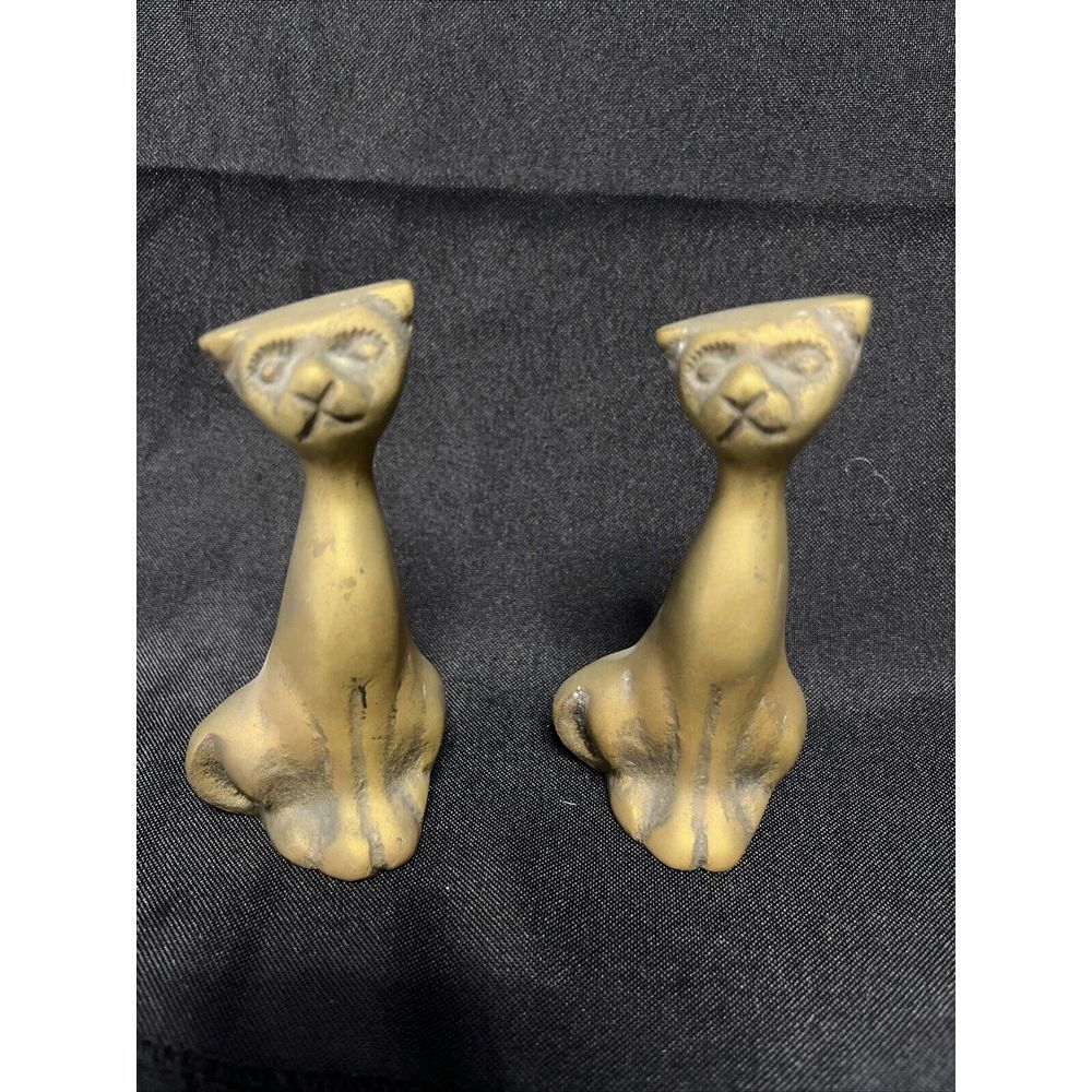 Vintage Mid Century Modern Solid Brass Pair of Cat Figurines 3.5"
